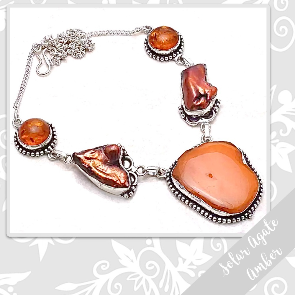 Solar Agate, Biwa Pearl, Amber Silver Eclectic Artisan Necklace, 18” (Orange)